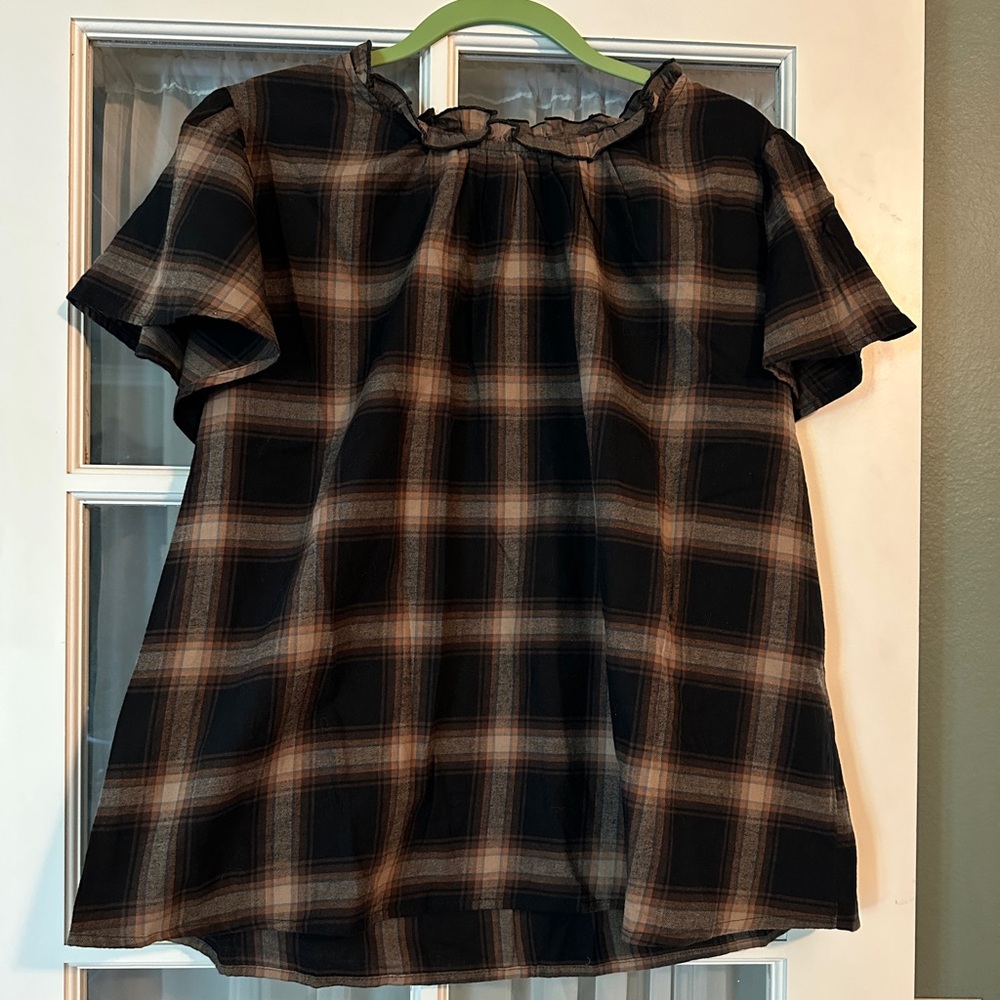 Black and Brown Checkered Blouse 100% Cotton Fall Festival Favorite